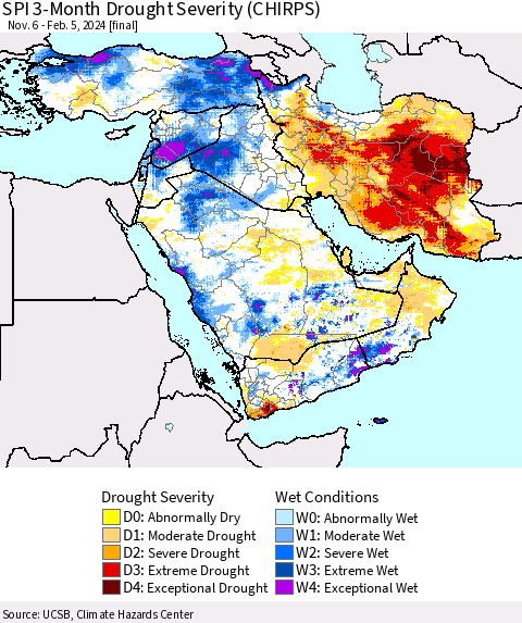 Middle East and Turkey SPI 3-Month Drought Severity (CHIRPS) Thematic Map For 11/6/2023 - 2/5/2024