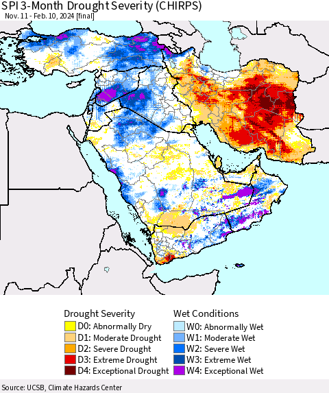 Middle East and Turkey SPI 3-Month Drought Severity (CHIRPS) Thematic Map For 11/11/2023 - 2/10/2024