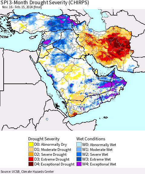 Middle East and Turkey SPI 3-Month Drought Severity (CHIRPS) Thematic Map For 11/16/2023 - 2/15/2024