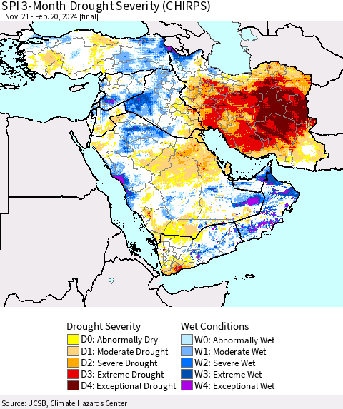 Middle East and Turkey SPI 3-Month Drought Severity (CHIRPS) Thematic Map For 11/21/2023 - 2/20/2024