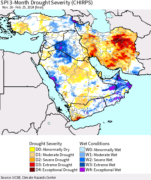 Middle East and Turkey SPI 3-Month Drought Severity (CHIRPS) Thematic Map For 11/26/2023 - 2/25/2024