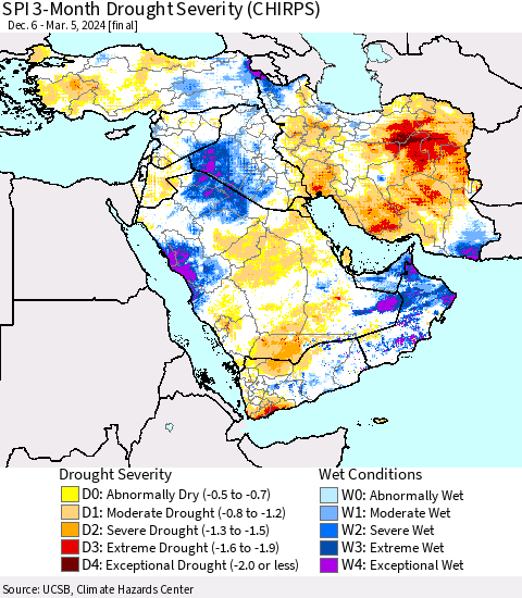 Middle East and Turkey SPI 3-Month Drought Severity (CHIRPS) Thematic Map For 12/6/2023 - 3/5/2024