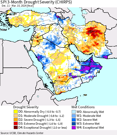 Middle East and Turkey SPI 3-Month Drought Severity (CHIRPS) Thematic Map For 12/11/2023 - 3/10/2024