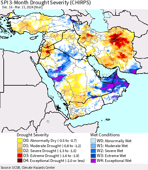 Middle East and Turkey SPI 3-Month Drought Severity (CHIRPS) Thematic Map For 12/16/2023 - 3/15/2024