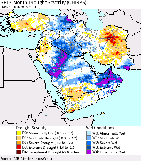 Middle East and Turkey SPI 3-Month Drought Severity (CHIRPS) Thematic Map For 12/21/2023 - 3/20/2024