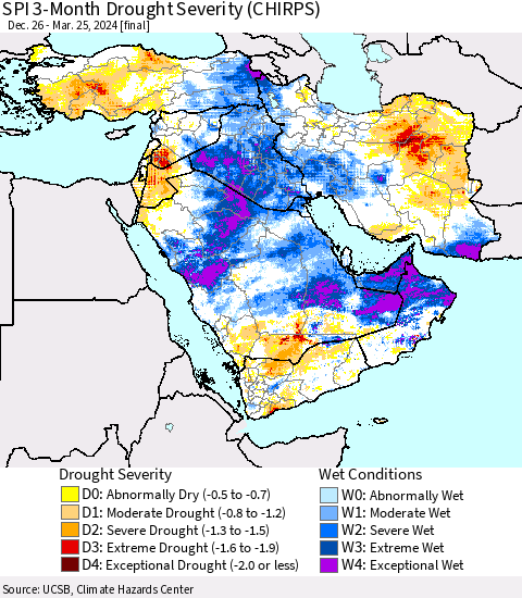 Middle East and Turkey SPI 3-Month Drought Severity (CHIRPS) Thematic Map For 12/26/2023 - 3/25/2024