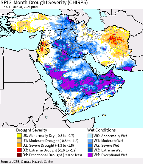 Middle East and Turkey SPI 3-Month Drought Severity (CHIRPS) Thematic Map For 1/1/2024 - 3/31/2024