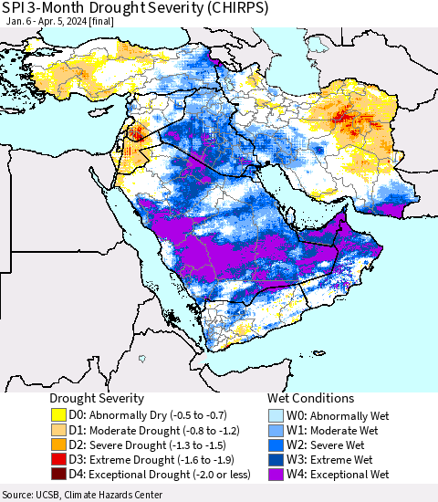Middle East and Turkey SPI 3-Month Drought Severity (CHIRPS) Thematic Map For 1/6/2024 - 4/5/2024