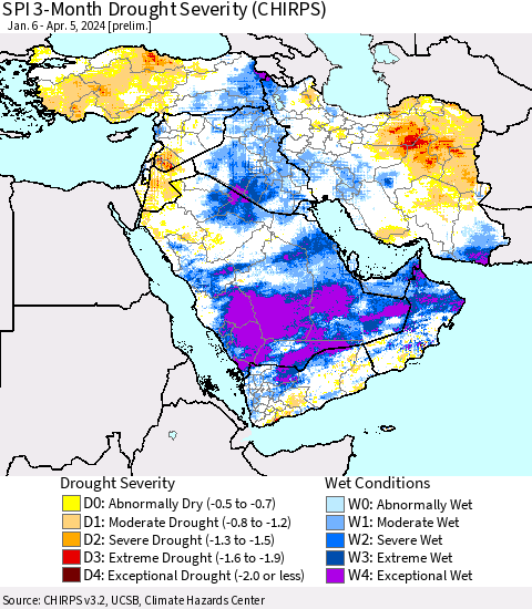 Middle East and Turkey SPI 3-Month Drought Severity (CHIRPS) Thematic Map For 1/6/2024 - 4/5/2024
