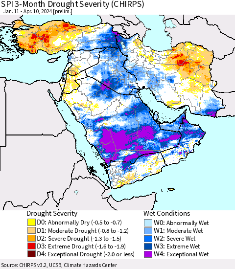 Middle East and Turkey SPI 3-Month Drought Severity (CHIRPS) Thematic Map For 1/11/2024 - 4/10/2024