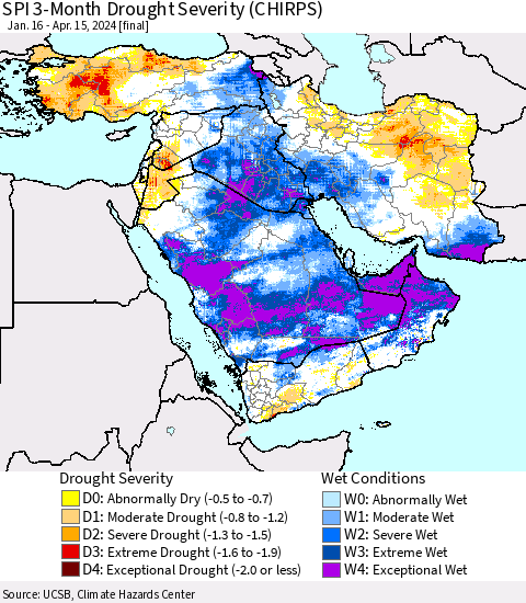 Middle East and Turkey SPI 3-Month Drought Severity (CHIRPS) Thematic Map For 1/16/2024 - 4/15/2024