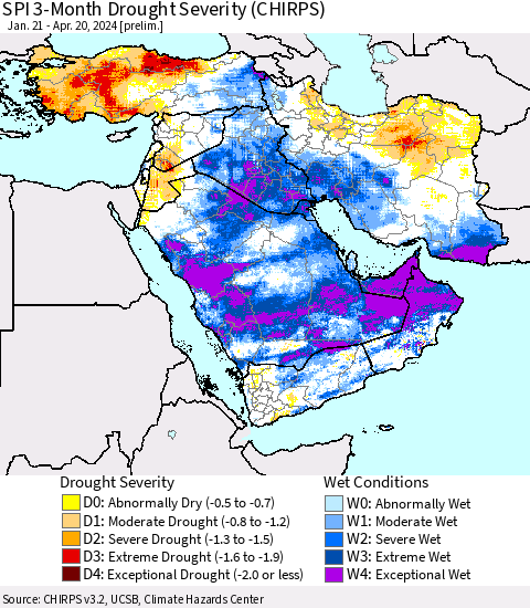 Middle East and Turkey SPI 3-Month Drought Severity (CHIRPS) Thematic Map For 1/21/2024 - 4/20/2024