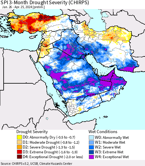 Middle East and Turkey SPI 3-Month Drought Severity (CHIRPS) Thematic Map For 1/26/2024 - 4/25/2024