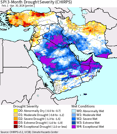 Middle East and Turkey SPI 3-Month Drought Severity (CHIRPS) Thematic Map For 2/1/2024 - 4/30/2024