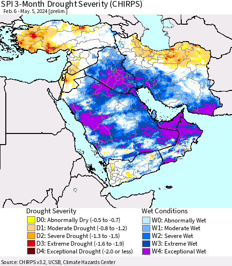 Middle East and Turkey SPI 3-Month Drought Severity (CHIRPS) Thematic Map For 2/6/2024 - 5/5/2024