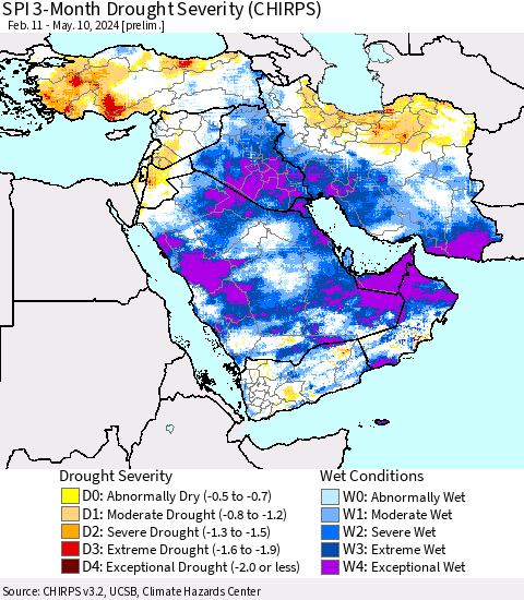Middle East and Turkey SPI 3-Month Drought Severity (CHIRPS) Thematic Map For 2/11/2024 - 5/10/2024