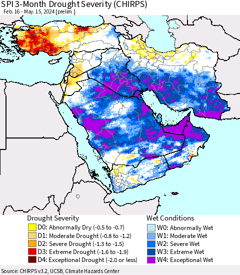 Middle East and Turkey SPI 3-Month Drought Severity (CHIRPS) Thematic Map For 2/16/2024 - 5/15/2024