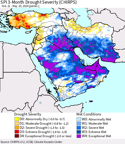 Middle East and Turkey SPI 3-Month Drought Severity (CHIRPS) Thematic Map For 2/21/2024 - 5/20/2024