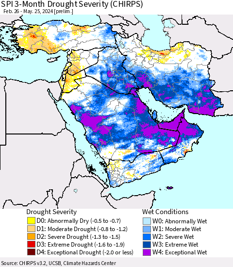 Middle East and Turkey SPI 3-Month Drought Severity (CHIRPS) Thematic Map For 2/26/2024 - 5/25/2024