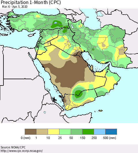 Middle East and Turkey Precipitation 1-Month (CPC) Thematic Map For 3/6/2020 - 4/5/2020