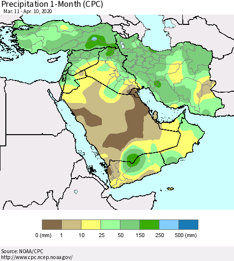 Middle East and Turkey Precipitation 1-Month (CPC) Thematic Map For 3/11/2020 - 4/10/2020