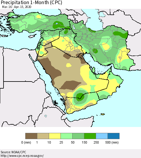 Middle East and Turkey Precipitation 1-Month (CPC) Thematic Map For 3/16/2020 - 4/15/2020