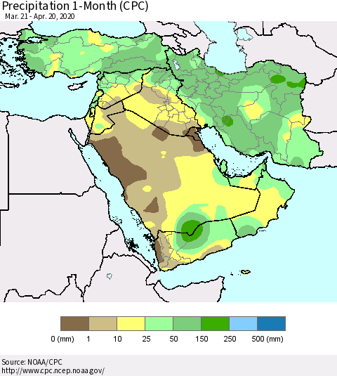 Middle East and Turkey Precipitation 1-Month (CPC) Thematic Map For 3/21/2020 - 4/20/2020