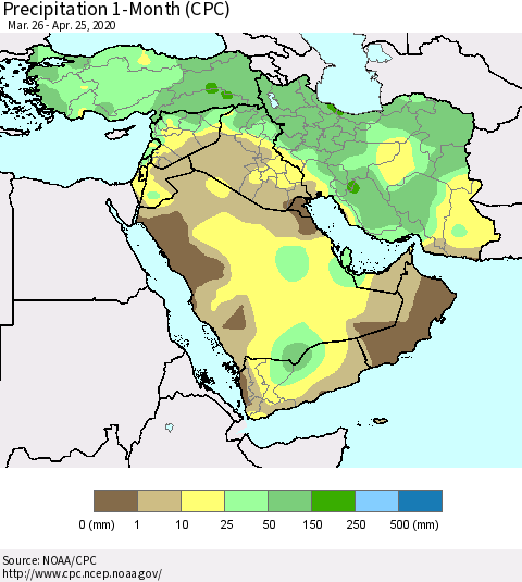 Middle East and Turkey Precipitation 1-Month (CPC) Thematic Map For 3/26/2020 - 4/25/2020