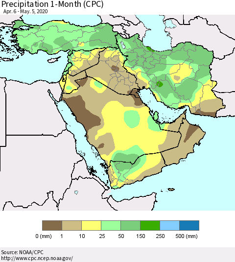 Middle East and Turkey Precipitation 1-Month (CPC) Thematic Map For 4/6/2020 - 5/5/2020