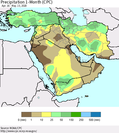 Middle East and Turkey Precipitation 1-Month (CPC) Thematic Map For 4/16/2020 - 5/15/2020