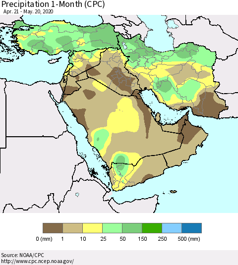Middle East and Turkey Precipitation 1-Month (CPC) Thematic Map For 4/21/2020 - 5/20/2020