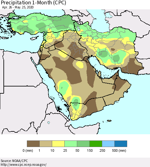 Middle East and Turkey Precipitation 1-Month (CPC) Thematic Map For 4/26/2020 - 5/25/2020