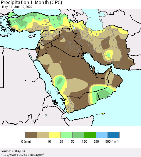 Middle East and Turkey Precipitation 1-Month (CPC) Thematic Map For 5/11/2020 - 6/10/2020