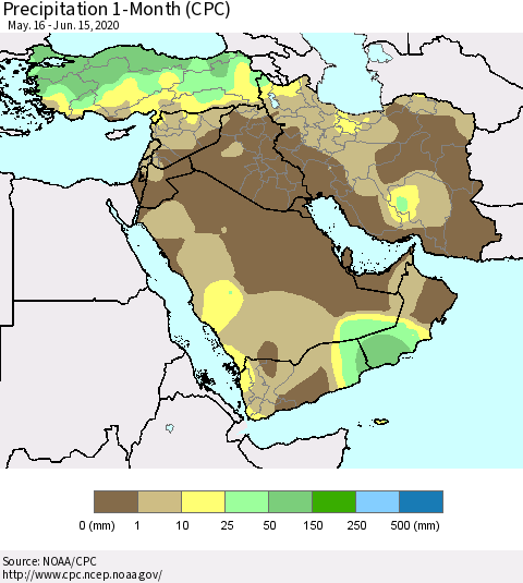 Middle East and Turkey Precipitation 1-Month (CPC) Thematic Map For 5/16/2020 - 6/15/2020