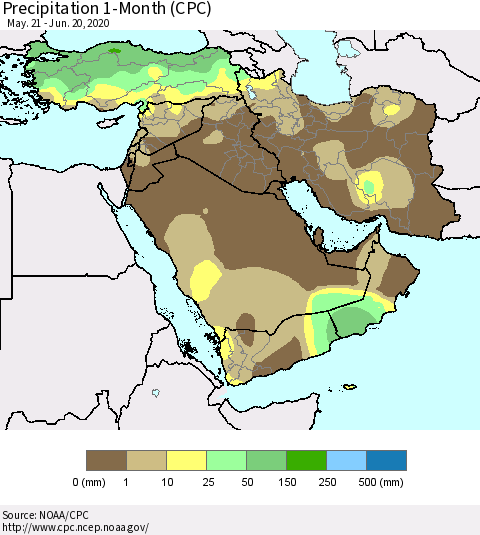 Middle East and Turkey Precipitation 1-Month (CPC) Thematic Map For 5/21/2020 - 6/20/2020