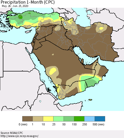 Middle East and Turkey Precipitation 1-Month (CPC) Thematic Map For 5/26/2020 - 6/25/2020