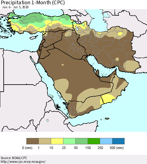 Middle East and Turkey Precipitation 1-Month (CPC) Thematic Map For 6/6/2020 - 7/5/2020