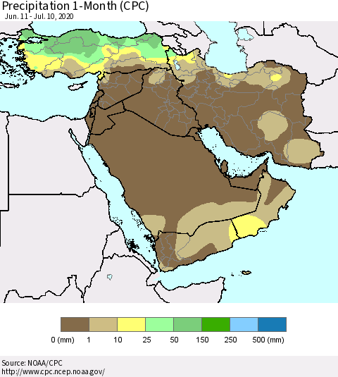 Middle East and Turkey Precipitation 1-Month (CPC) Thematic Map For 6/11/2020 - 7/10/2020