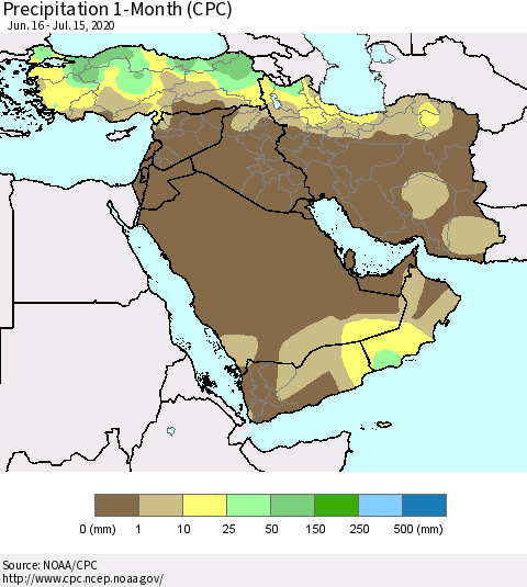 Middle East and Turkey Precipitation 1-Month (CPC) Thematic Map For 6/16/2020 - 7/15/2020