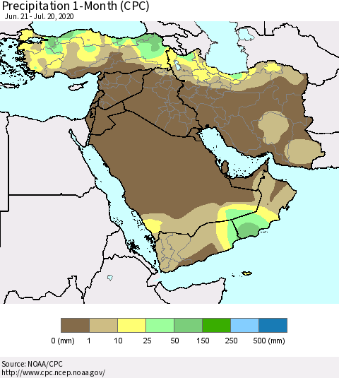 Middle East and Turkey Precipitation 1-Month (CPC) Thematic Map For 6/21/2020 - 7/20/2020