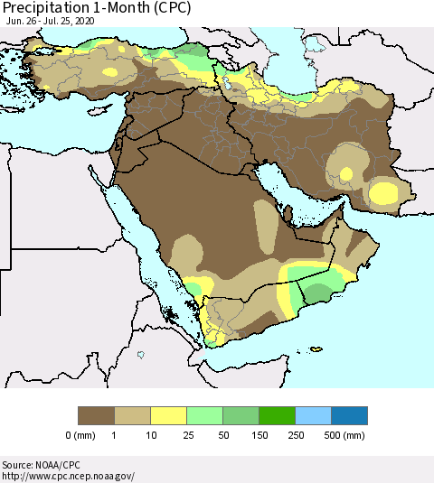 Middle East and Turkey Precipitation 1-Month (CPC) Thematic Map For 6/26/2020 - 7/25/2020