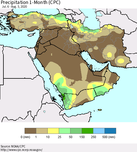 Middle East and Turkey Precipitation 1-Month (CPC) Thematic Map For 7/6/2020 - 8/5/2020