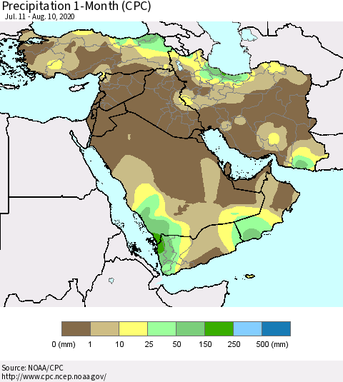Middle East and Turkey Precipitation 1-Month (CPC) Thematic Map For 7/11/2020 - 8/10/2020