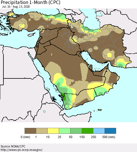 Middle East and Turkey Precipitation 1-Month (CPC) Thematic Map For 7/16/2020 - 8/15/2020