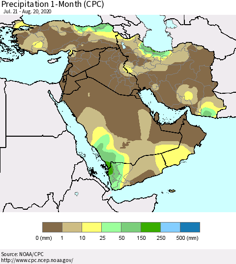 Middle East and Turkey Precipitation 1-Month (CPC) Thematic Map For 7/21/2020 - 8/20/2020