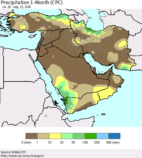 Middle East and Turkey Precipitation 1-Month (CPC) Thematic Map For 7/26/2020 - 8/25/2020