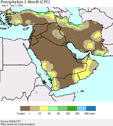 Middle East and Turkey Precipitation 1-Month (CPC) Thematic Map For 8/6/2020 - 9/5/2020
