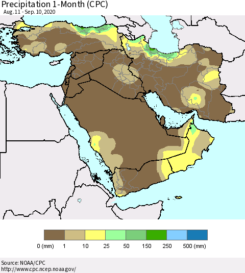 Middle East and Turkey Precipitation 1-Month (CPC) Thematic Map For 8/11/2020 - 9/10/2020
