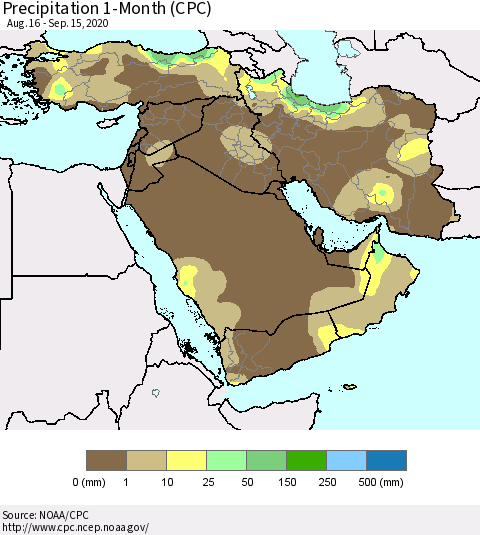 Middle East and Turkey Precipitation 1-Month (CPC) Thematic Map For 8/16/2020 - 9/15/2020
