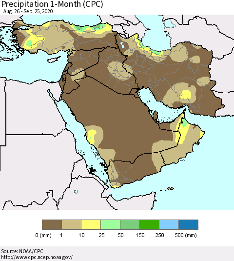 Middle East and Turkey Precipitation 1-Month (CPC) Thematic Map For 8/26/2020 - 9/25/2020